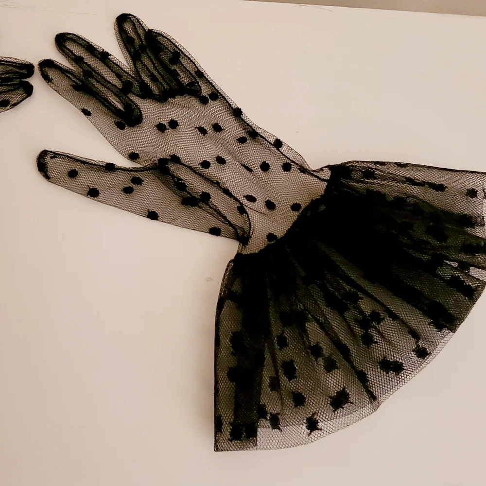 Vintage 1990s Sheer Black Polka Dot Tulle Gloves With Ruffled Cuffs
